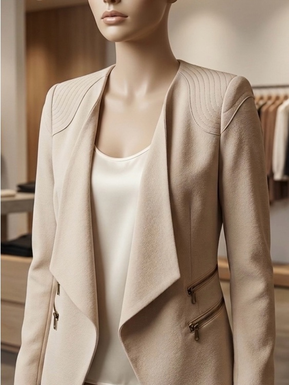 Double Zero Cream Open-Front Draped Blazer with Quilted Shoulders